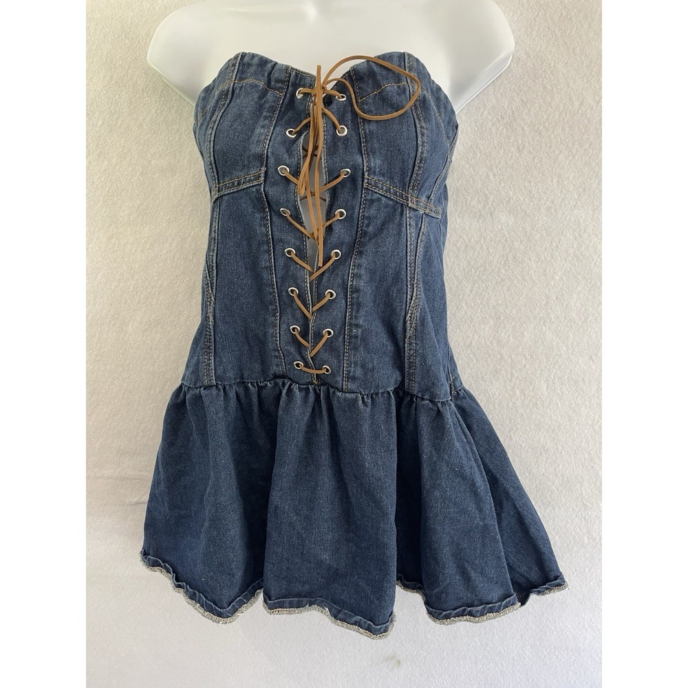 Y2K Retro Punk Strapless Corset Demin Mini Dress S Western Cowgirl Cottagecore